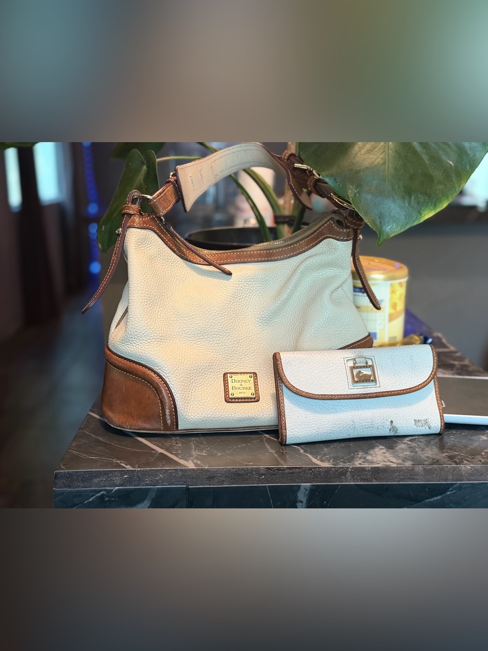 Dooney & Bourke Cream and Brown Leather Shoulder Bag with Matching Wallet